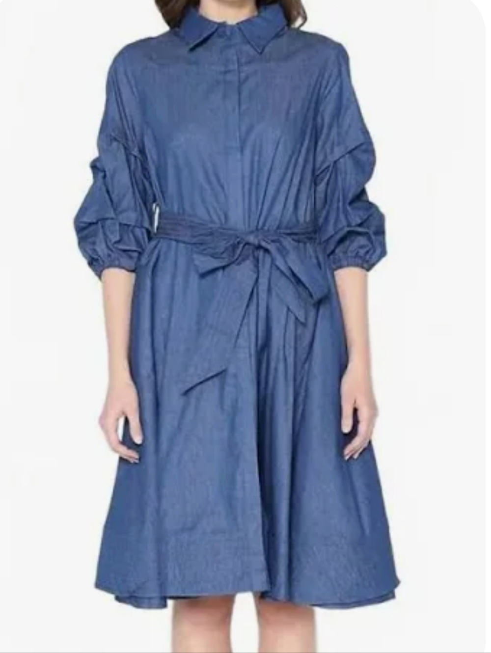 Gracia Blue Denim Shirt Dress Midi Dress With 3/4 Gattered Sleeves Size L